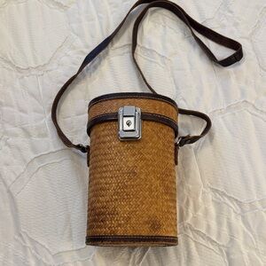 Vintage 1980s Woven Bamboo Cylinder Shoulder Bag with Chrome Closure